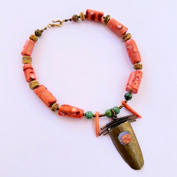 Woman’s Ethnic Coral And Brass Necklace​